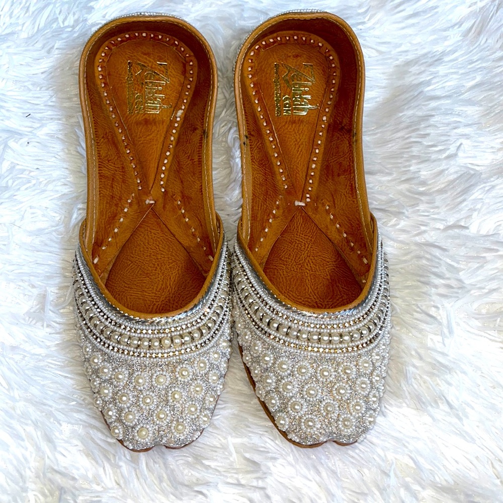 Pearls and bling handmade leather flats